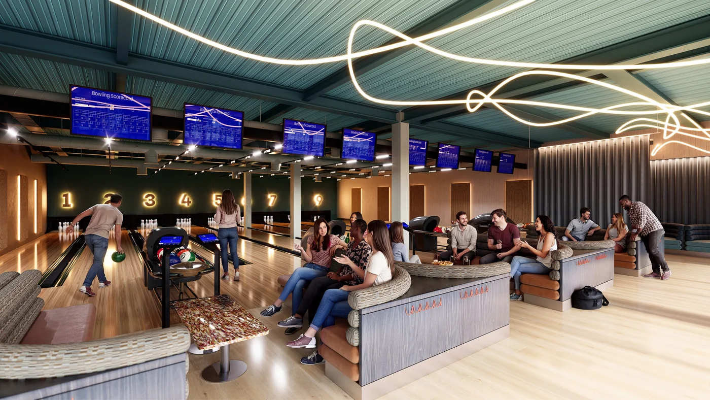 Visualisation of a bowling alley with nine numbered lanes, overhead scorecard screens and curved seating booths